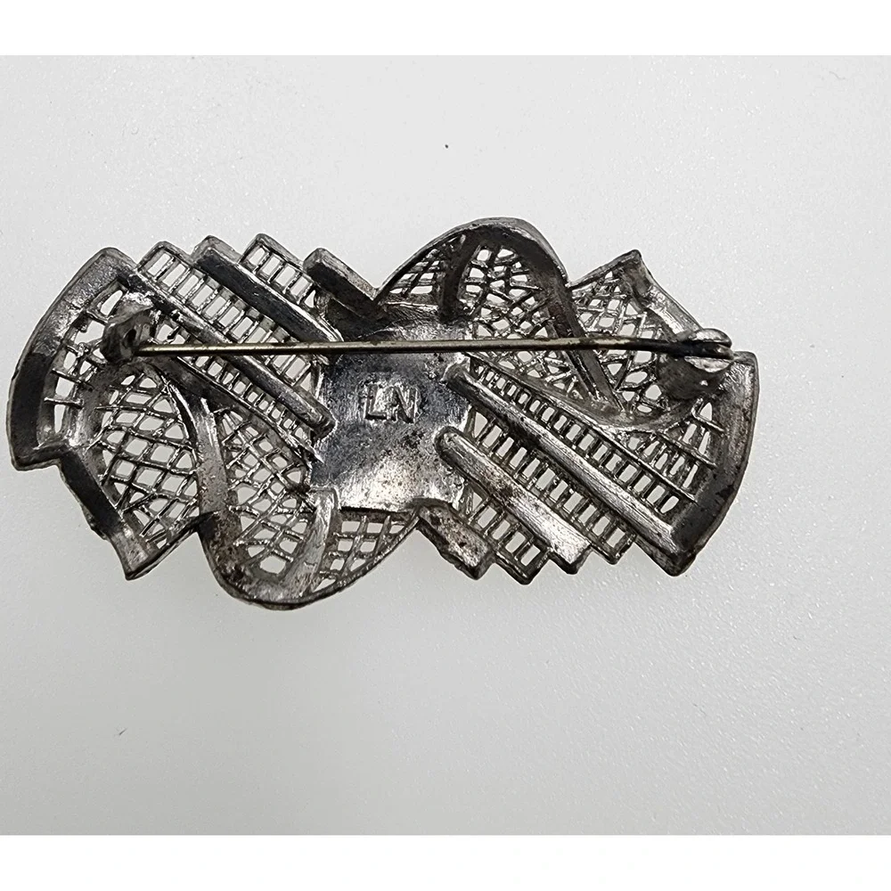 Vintage Little Nemo LN Brooch Art Deco Red Glass Filigree Silver Tone 1930s